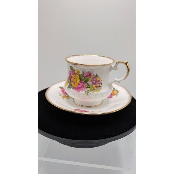 ROYAL DOVER Bone China Footed Teacup Saucer Gold Trim Cottage Rose Elegant - Picture 1 of 16